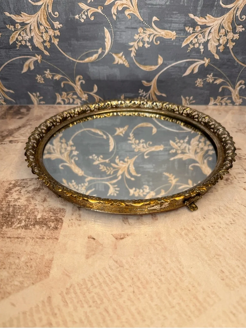 Vintage Round Gold Filigree Mirrored Vanity Tray Hollywood Regency 9 Inch